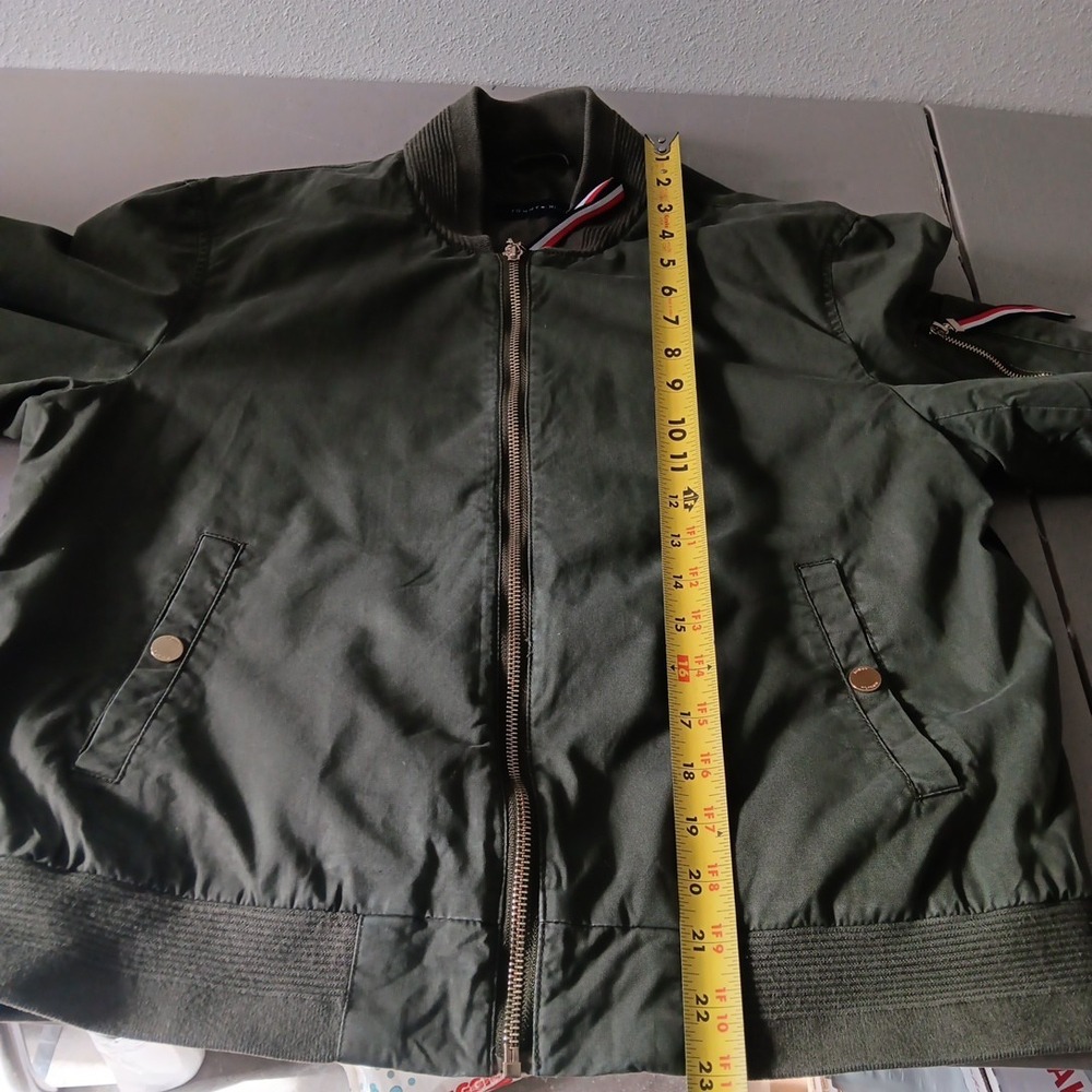 Tommy Hilfiger Canvas Bomber Jacket Womens Medium Green Khaki FLAG Back Retro - Picture 12 of 12
